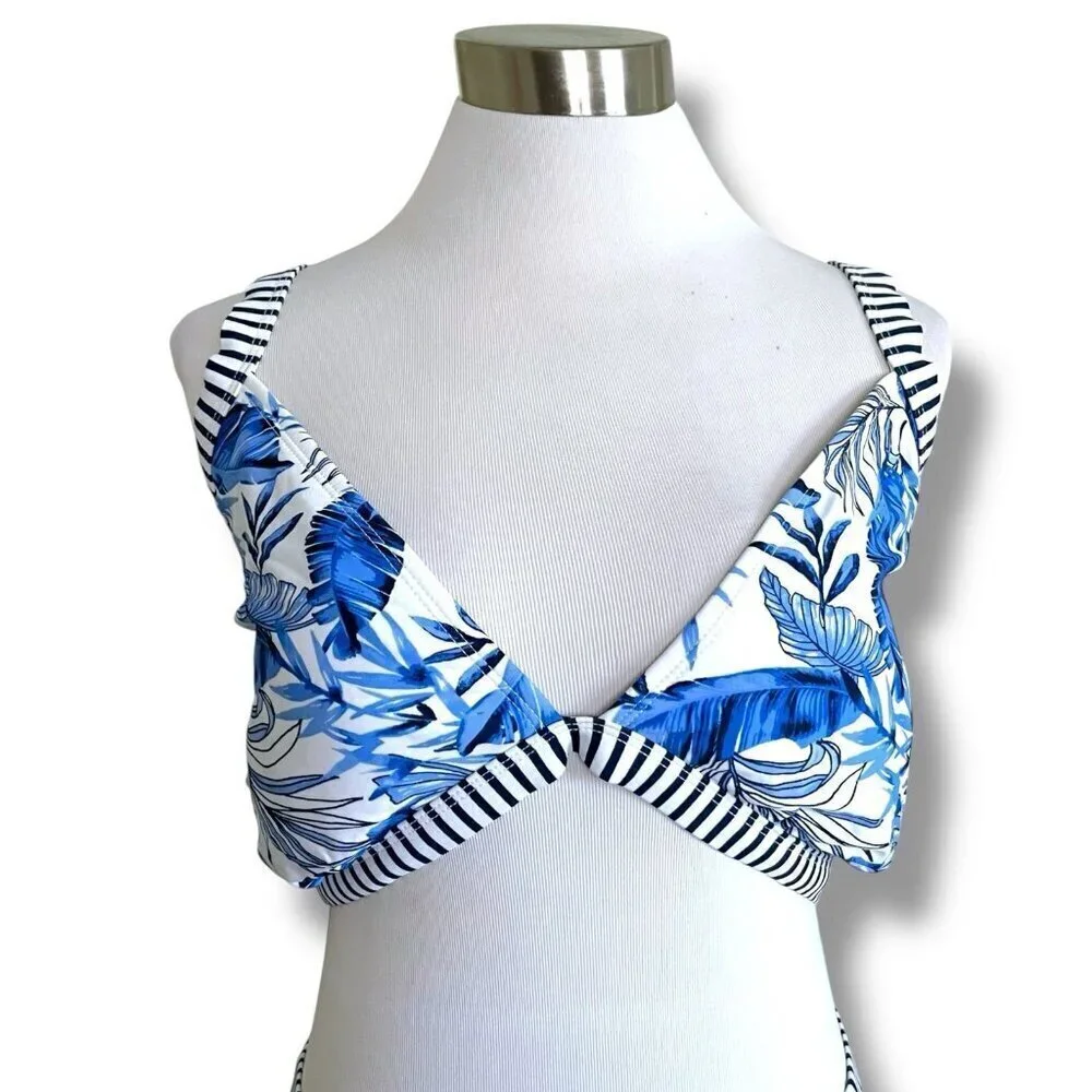 No Boundaries Womens Bikini Plus Sz XL 3X Blue White Palm Print Cut Out Swimsuit
